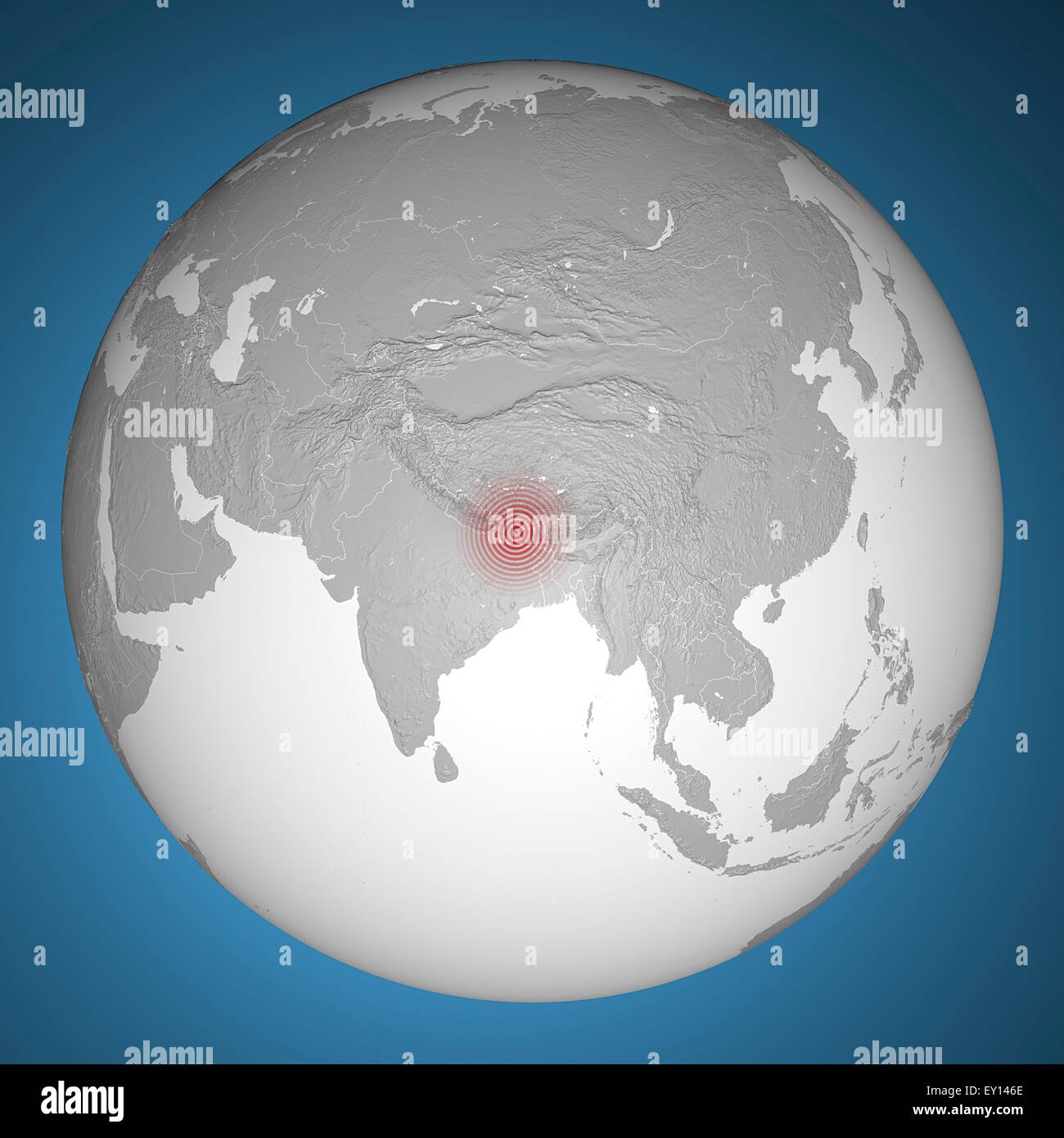 World globe avec séisme au Népal signe rouge sur fond bleu Banque D'Images