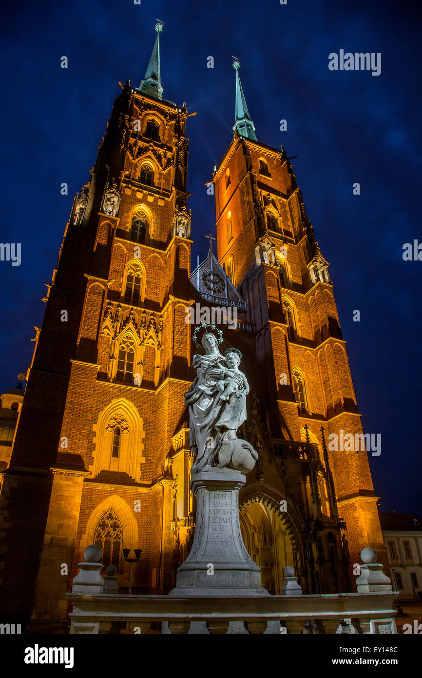 Vue de nuit sur la cathédrale de Saint Jean Baptiste, Wroclaw, Pologne Banque D'Images