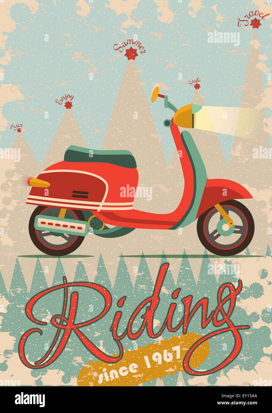 La conception d'affiches rétro vintage scooter avec l'illustration, l'exemple de texte, bannière et texture grunge Illustration de Vecteur