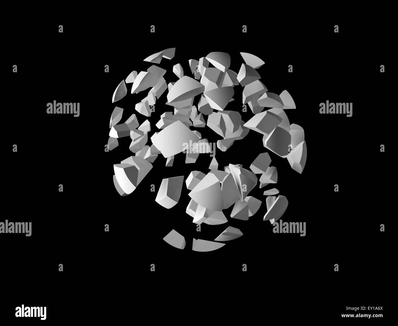 Résumé Objet 3d'explosion, nuage de fragments sphérique isolé sur fond noir Banque D'Images