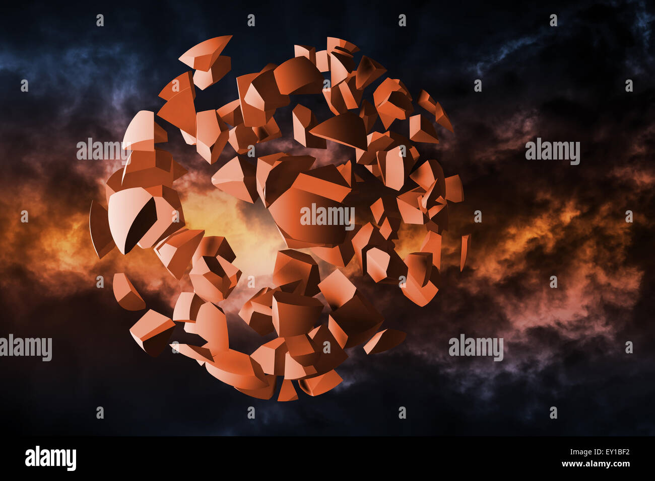 Abstract illustration d'explosion, nuage de fragments sphériques sur fond sombre nuages orageux Banque D'Images