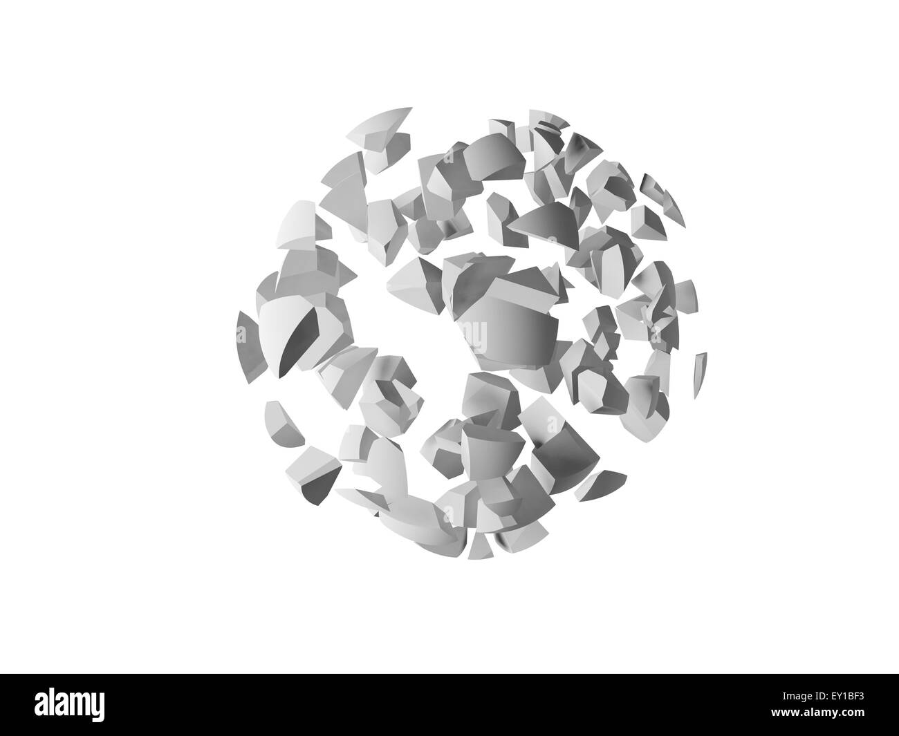 Résumé Objet 3d'explosion, nuage de fragments sphériques isolated on white Banque D'Images