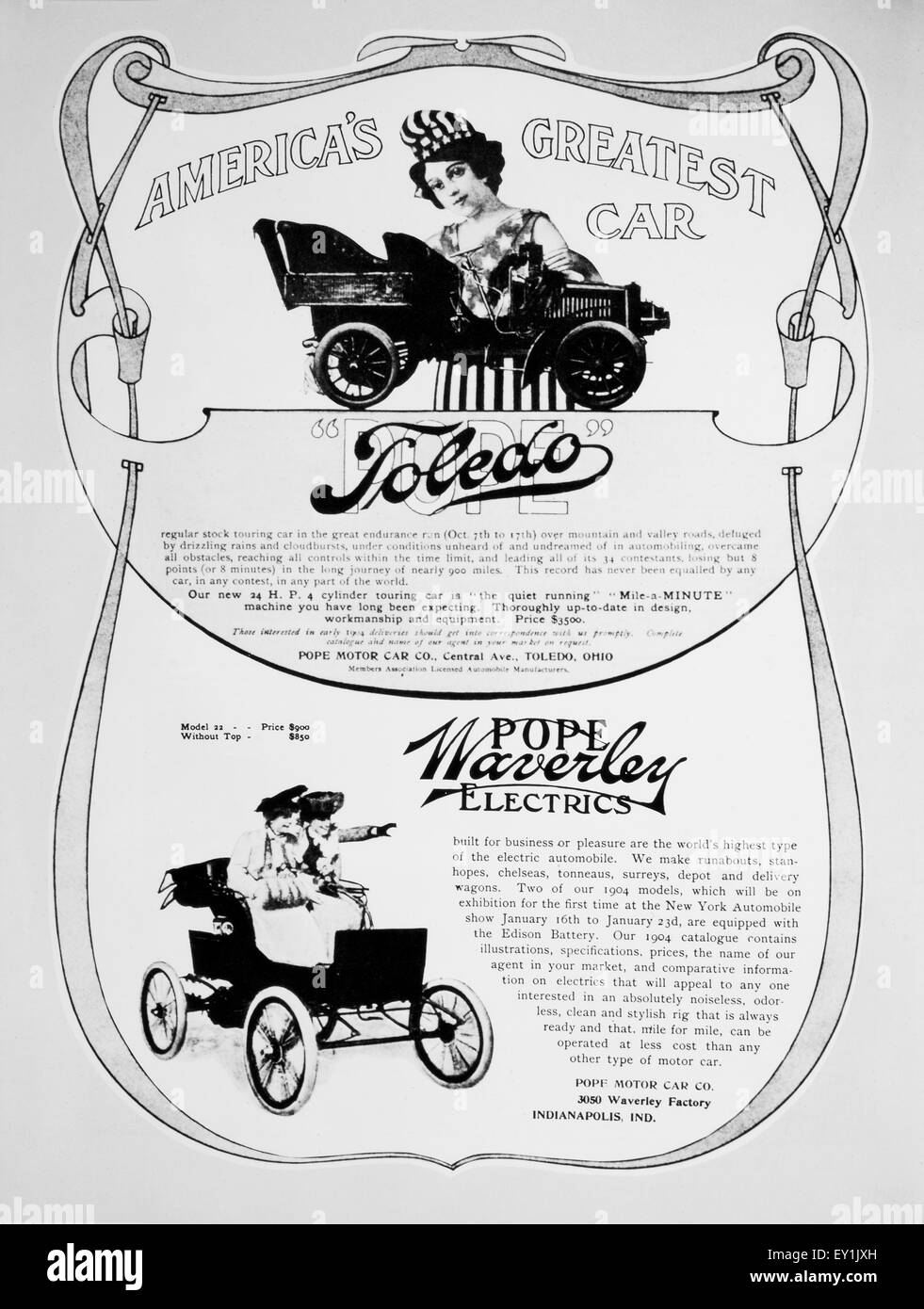 Le pape Motor Car Company, Publicité pour Tolède et Waverley automobiles électriques, 1904 Banque D'Images