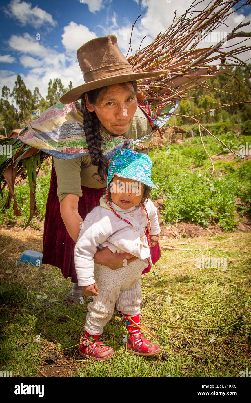 RAQCHI PÉROU - 15 janvier : les Indiens Quechua non identifié femme et enfant transportant du bois au ruines de Raqchi, Pérou, le 15 janvier, 2013 Banque D'Images