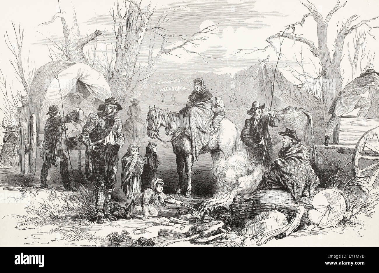 Les réfugiés du sud du Missouri, chassés de leurs foyers par les Confédérés campèrent près de la division du général Sigel à Rolla Banque D'Images