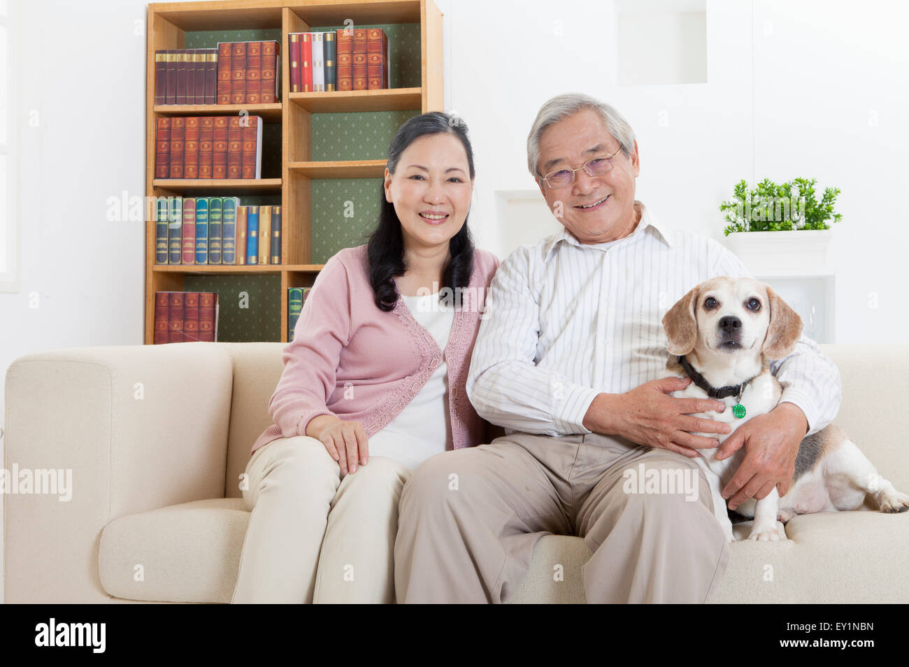 Couple assis sur le canapé avec un chien et sourit joyeusement à l'appareil photo, Banque D'Images