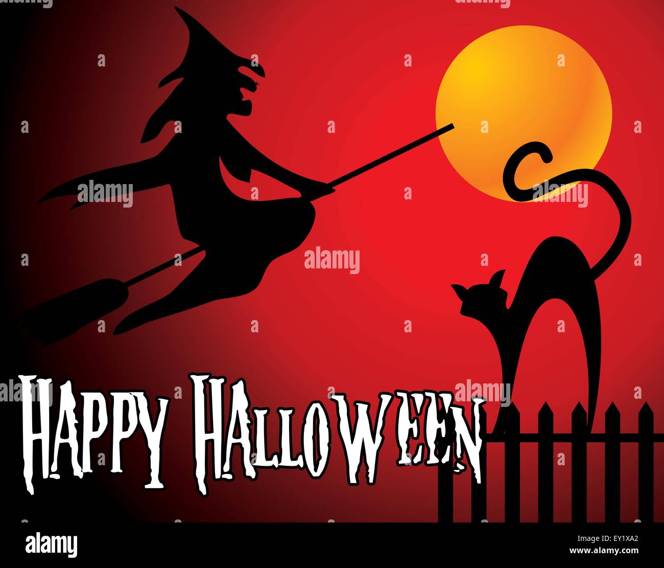 Fond d'halloween avec la pleine lune orange, sorcière et chat noir - vector illustration Illustration de Vecteur