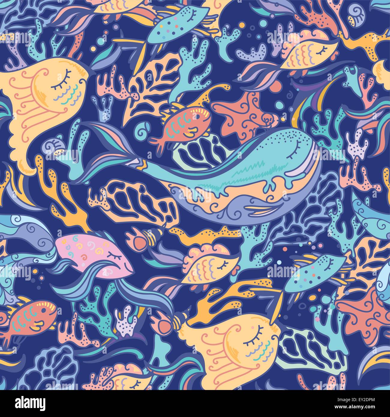 Style bébé bleu fond vectoriel continu avec les poissons et les coraux Illustration de Vecteur
