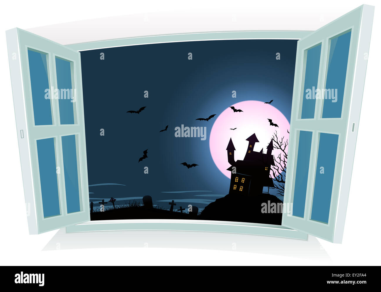 Illustration d'un dessin animé à l'intérieur château halloween nuit paysage par une fenêtre ouverte, avec la pleine lune, les chauves-souris et de la tombe de vol Banque D'Images