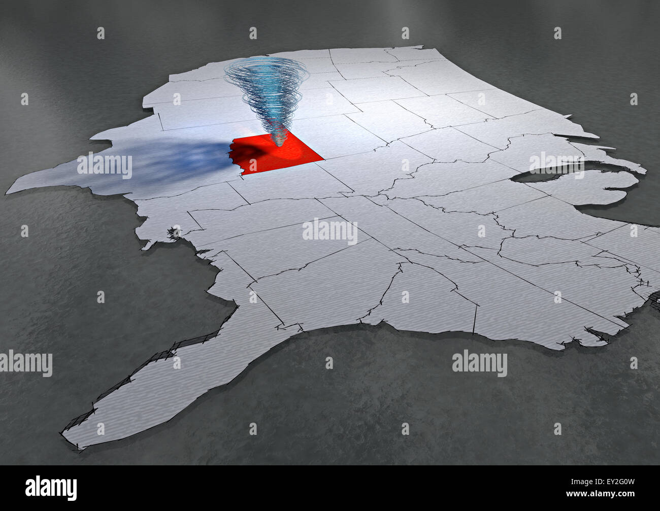 Tornade qui se déplace le long de la carte des États-Unis Banque D'Images