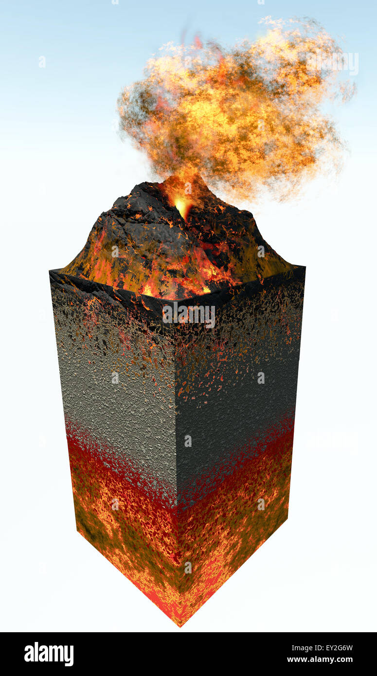 La reconstruction 3D d'un volcan en éruption et section de la croûte terrestre Banque D'Images