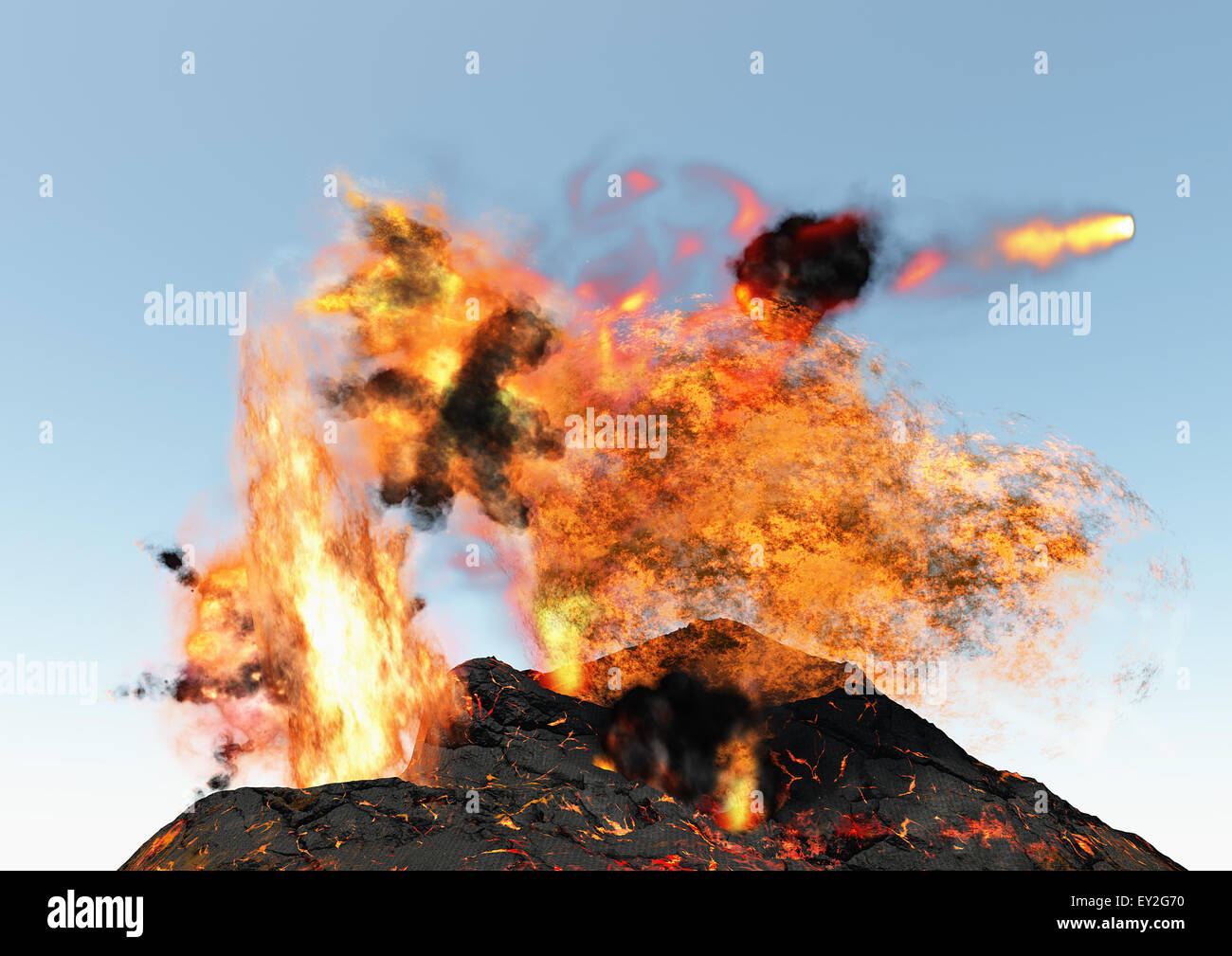 Une reconstruction 3D d'un volcan, avec des explosions et le magma sort du sol Banque D'Images