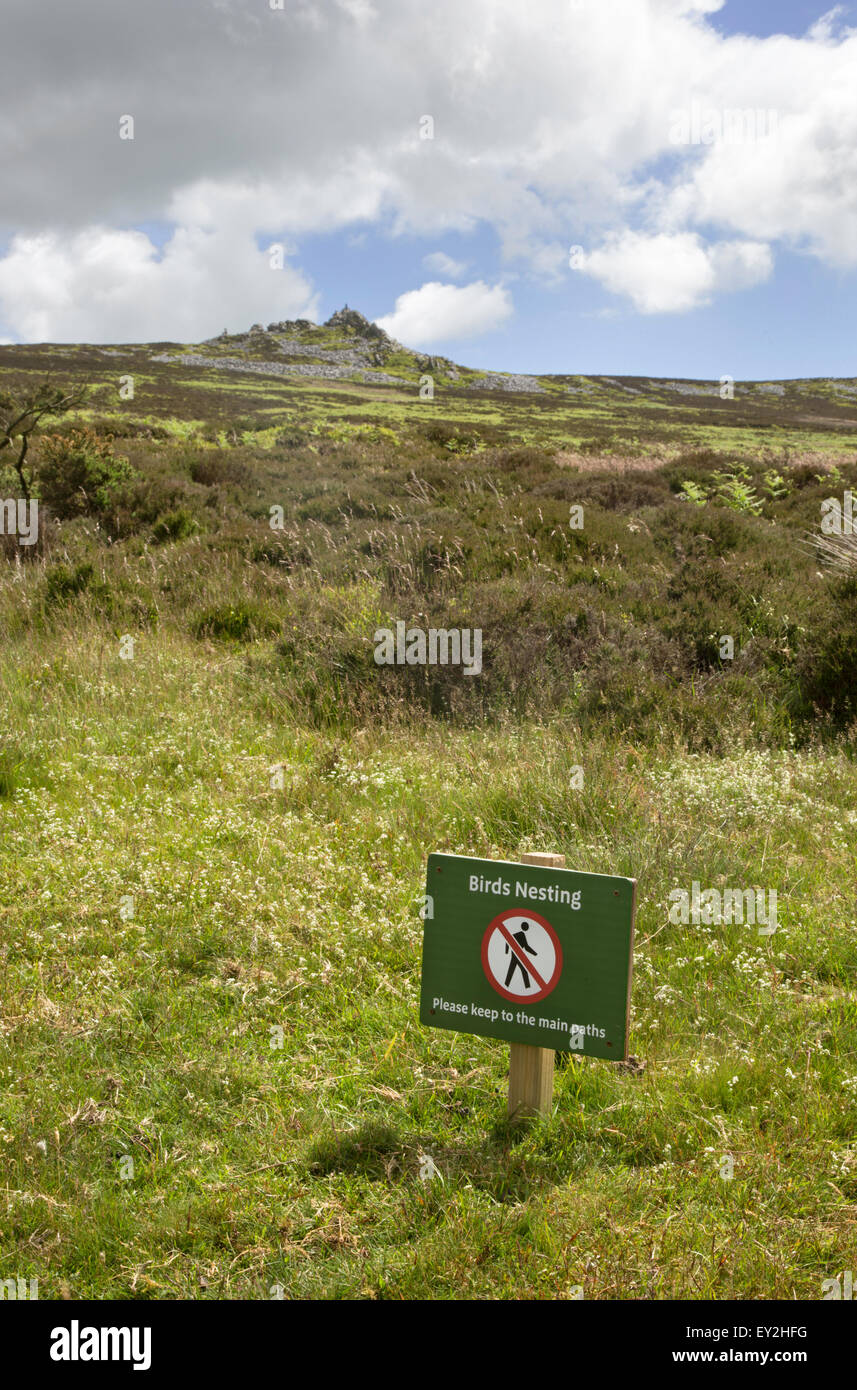 La nidification des oiseaux warning sign on the Stiperstone National Nature Reserve, Shropshire, England, UK Banque D'Images