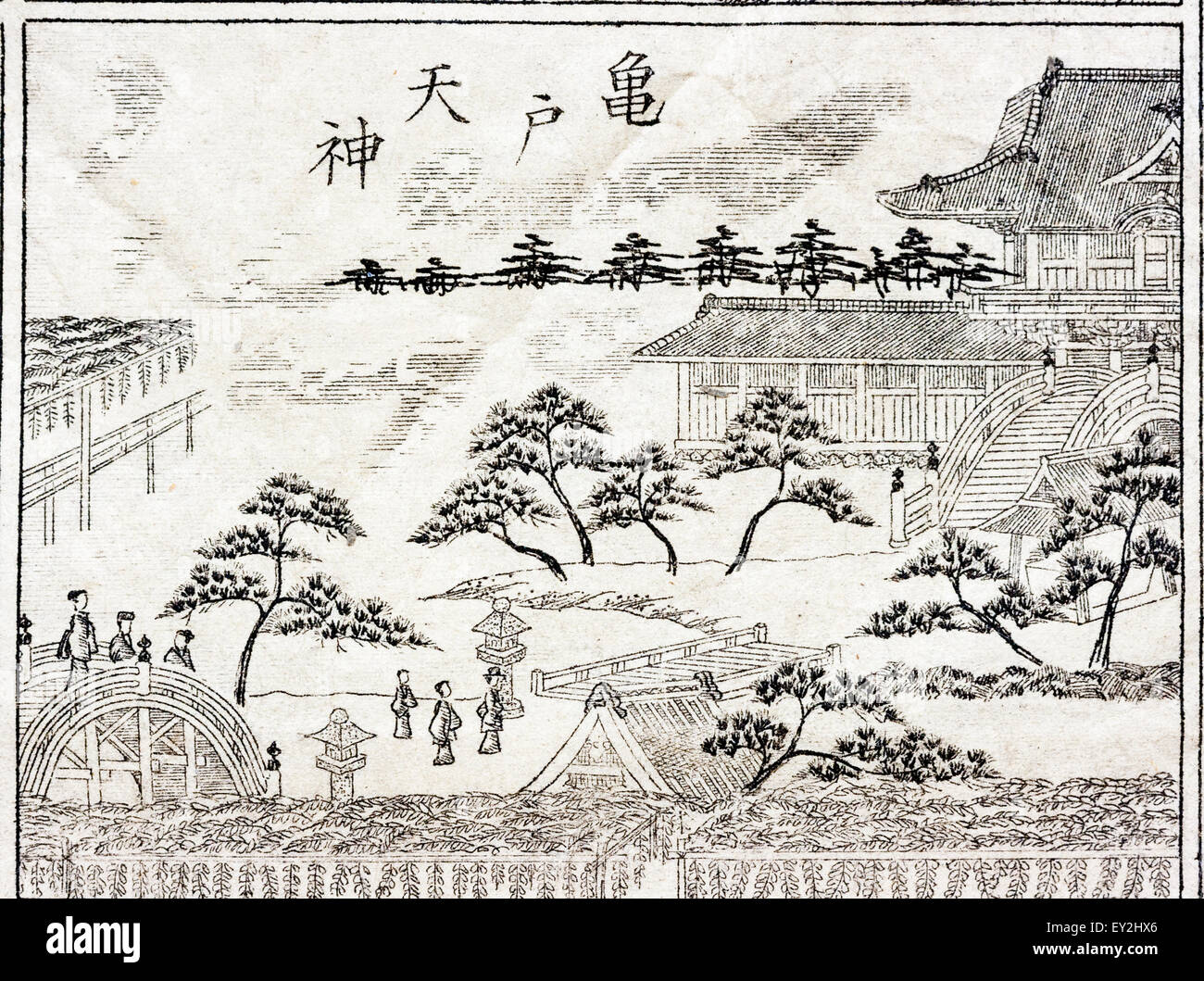 Japon, période Meiji, 1882 Plan de Tokyo. Ligne de surimmersion bord dessin du Sanctuaire Shinto Tenshin Kameido, un célèbre monument de Tenshin ward. Banque D'Images
