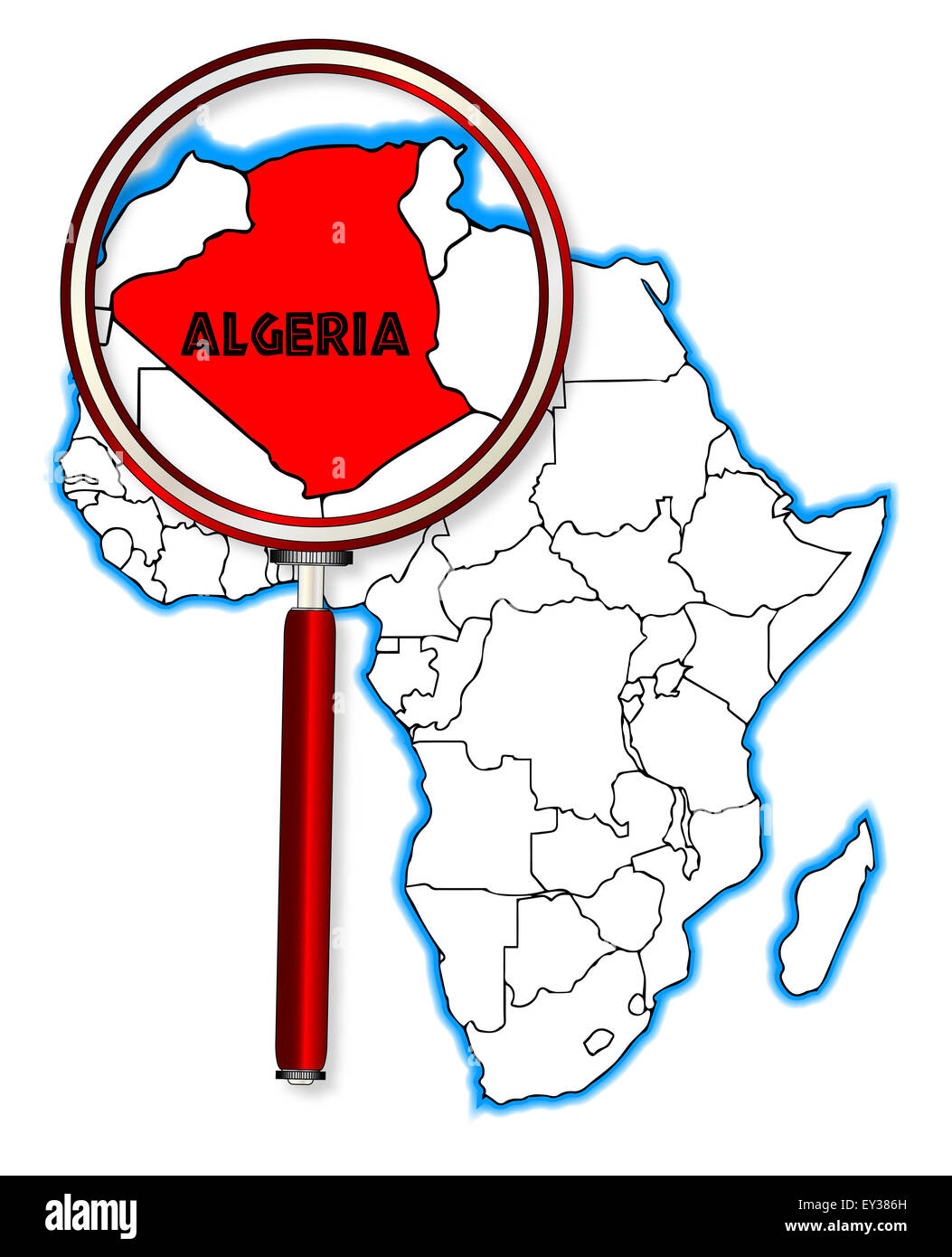 L'Algérie contours insérés dans une carte de l'Afrique sur un fond blanc Banque D'Images