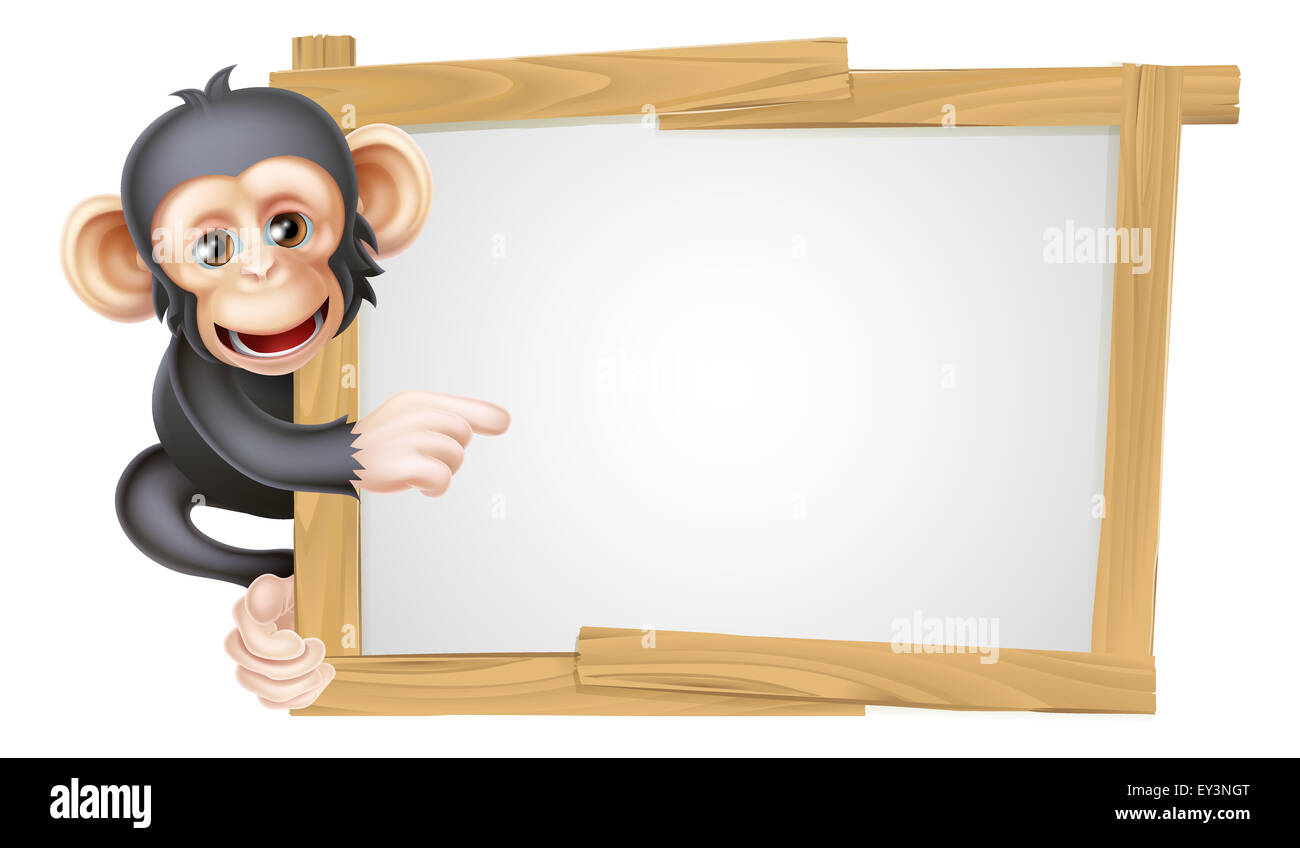 Cute cartoon singe chimpanzé comme le caractère mascot peeking autour d'un signe et pointant sur elle Banque D'Images