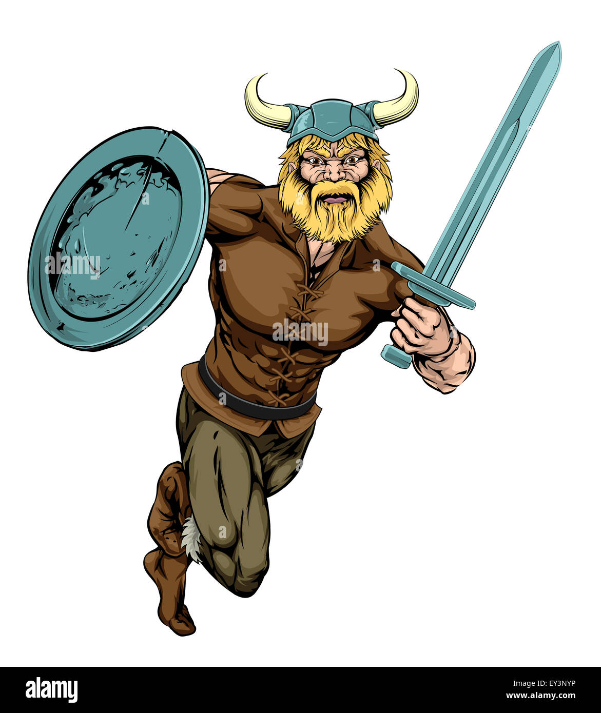 Une illustration de la difficulté à courir avec mascotte guerrier viking épée et le bouclier Banque D'Images