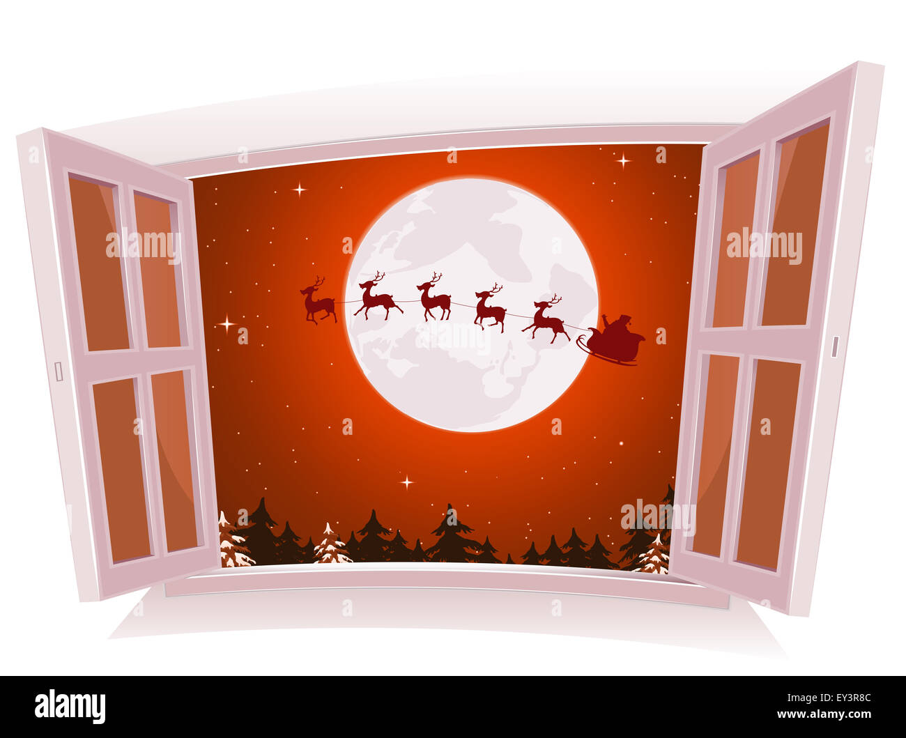 Illustration d'un dessin animé de noël paysage à l'extérieur d'une fenêtre ouverte, avec le père Noël et les rennes de caractères Banque D'Images