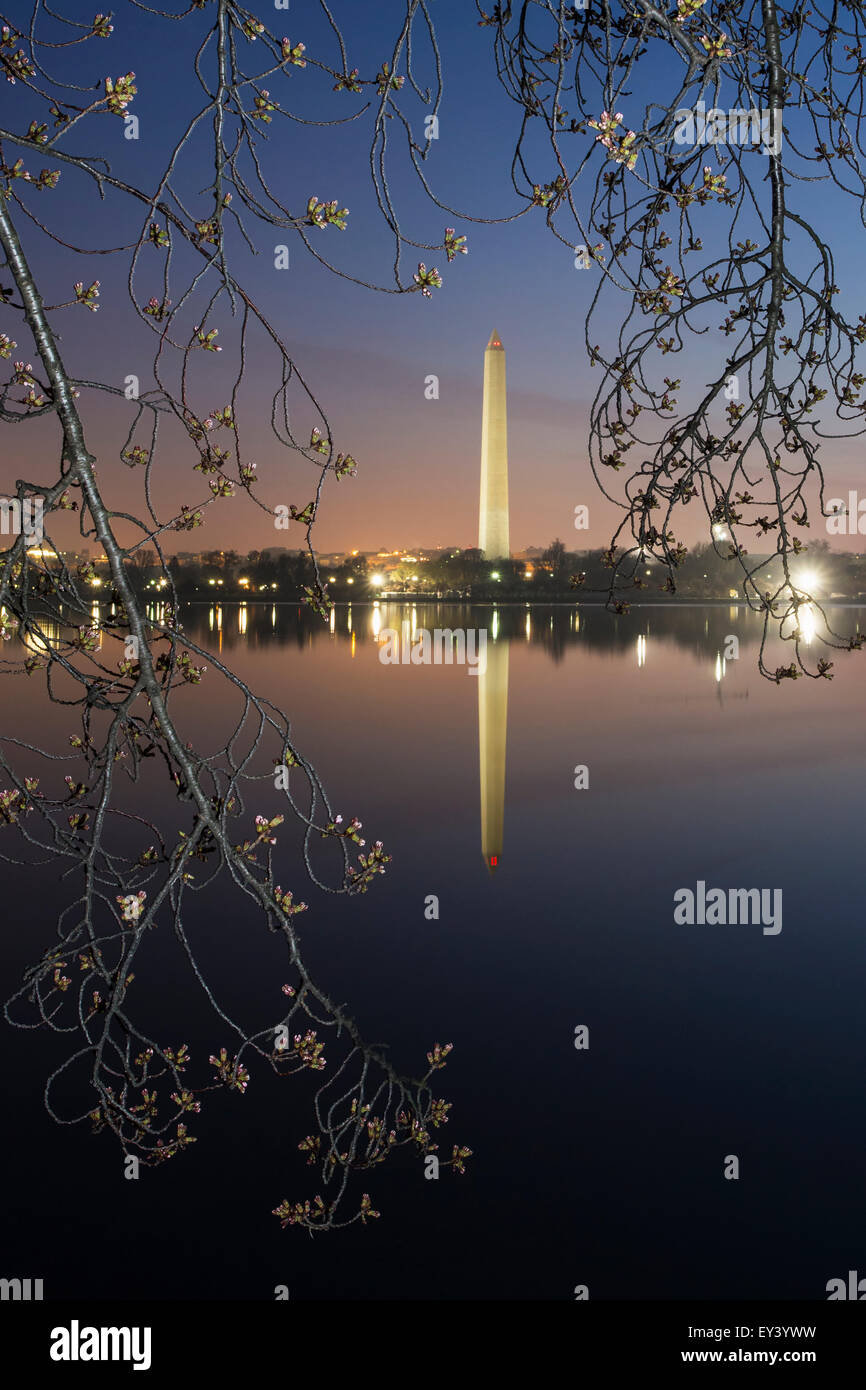 Washington Monument à l'aube reflète dans le lac. Banque D'Images