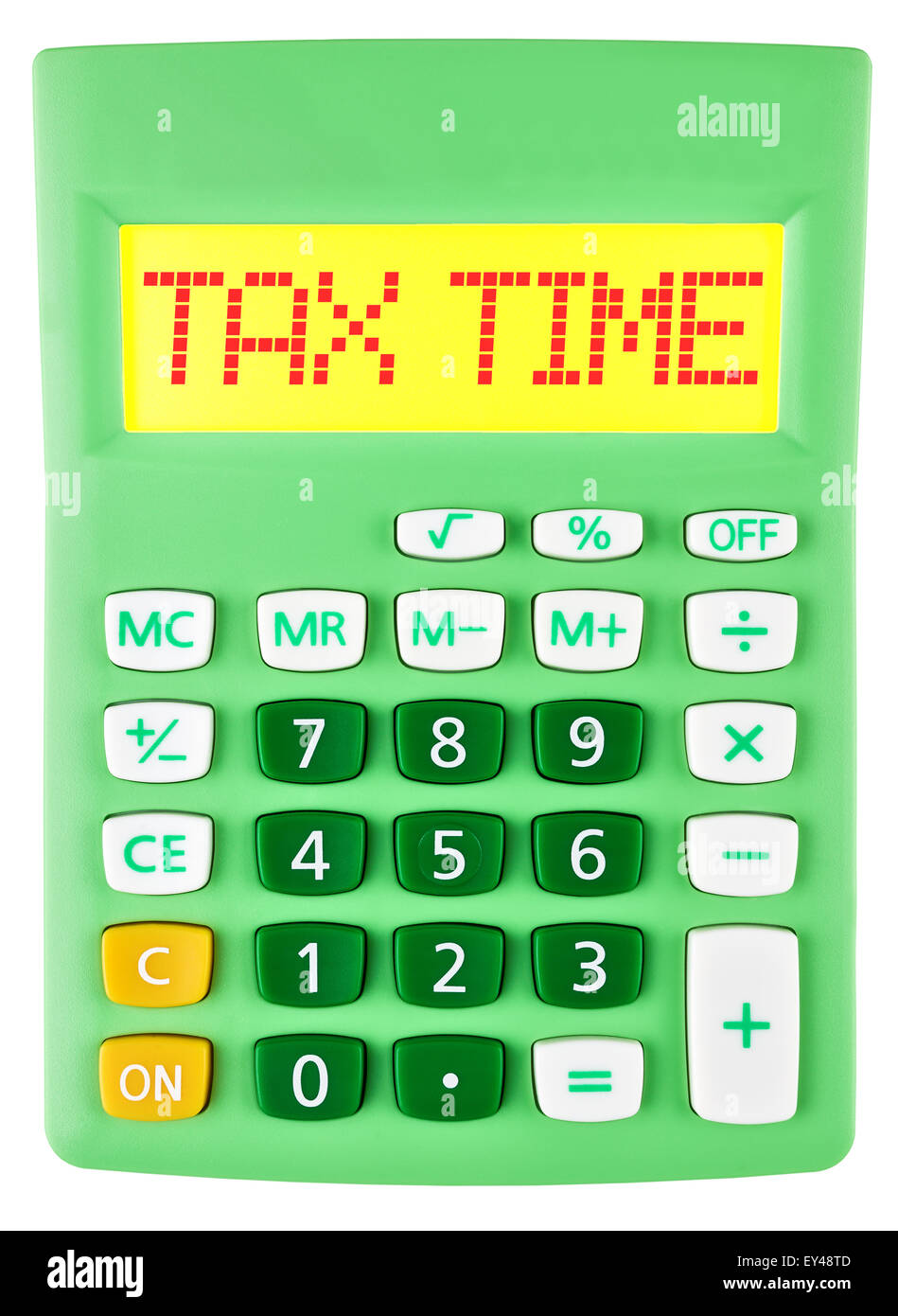 Calculatrice avec affichage sur DES SERVICES FISCAUX isolé sur fond blanc Banque D'Images