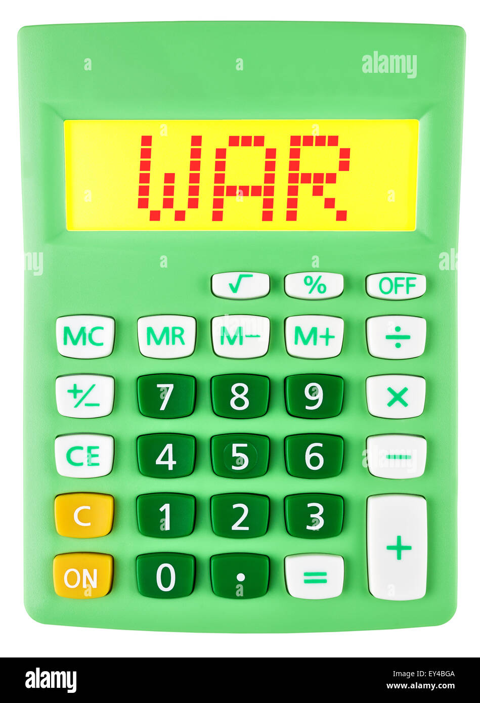 Calculatrice avec la guerre à l'affichage sur fond blanc Banque D'Images
