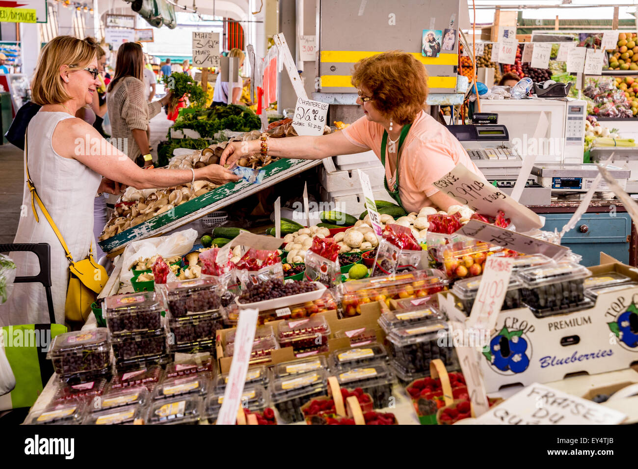 Femme achète des fruits au Marché Jean-Talon à Montréal, Canada Banque D'Images
