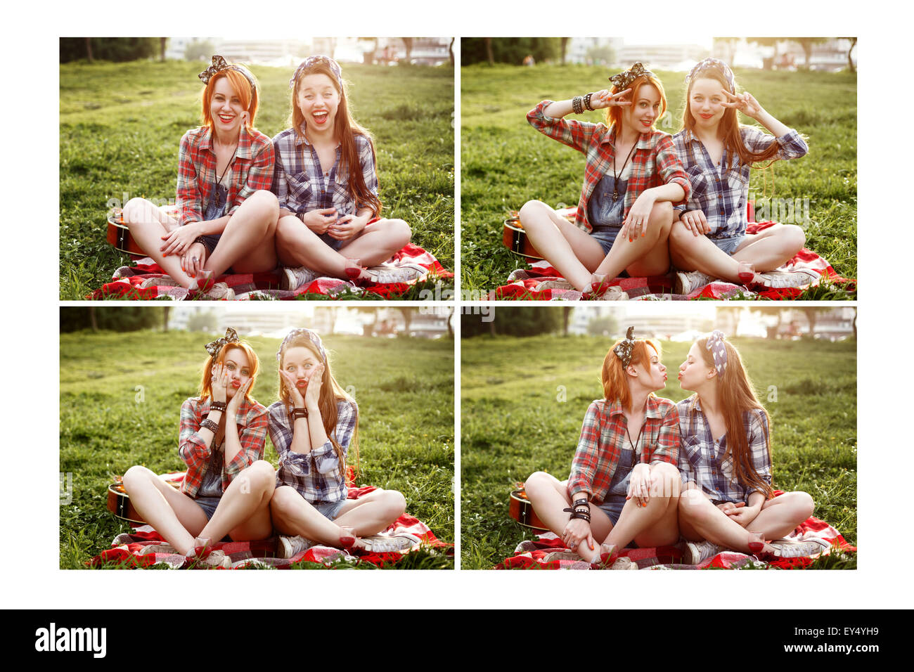 Ensemble de quatre images de deux jeunes belles femmes se reposant et s'amuser dans l'été Sunset Park. Meilleures amies ou soeurs. Banque D'Images