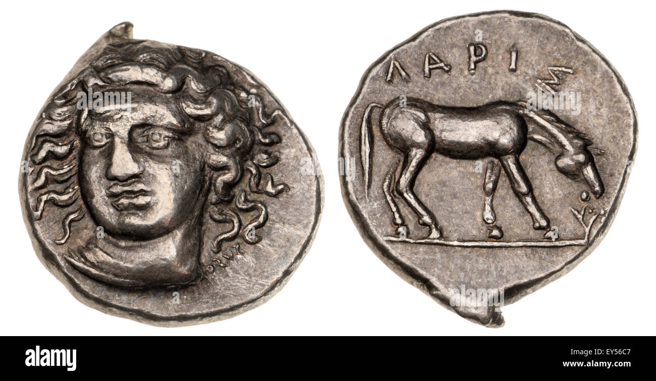 Le grec ancien coin (réplique) Thessalie, Larissa - AR Drachme ; Obv : Nymphe Larissa face légèrement à droite . Rev : Horse ' Banque D'Images