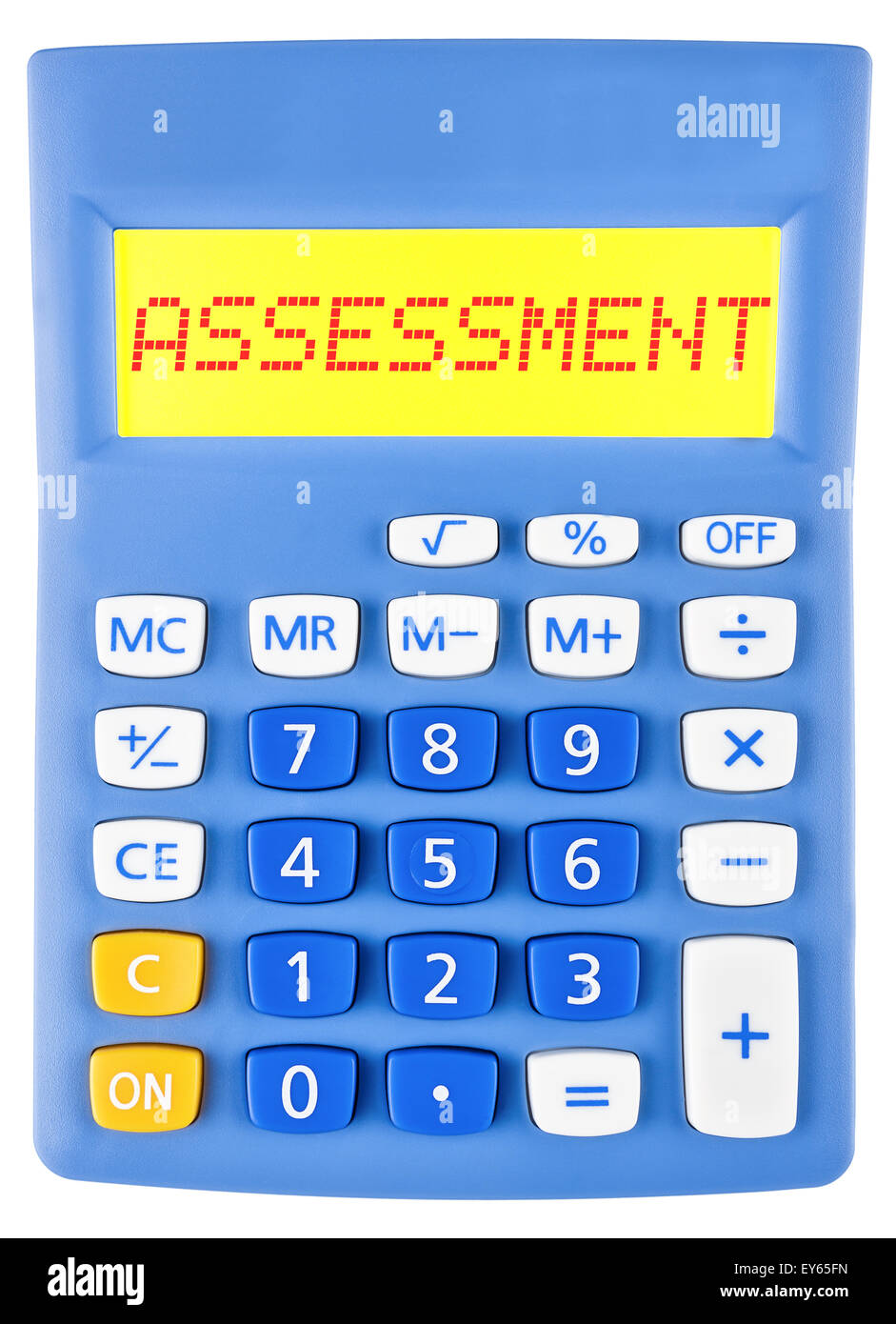 Avec la calculatrice sur l'écran d'évaluation isolé sur fond blanc Banque D'Images