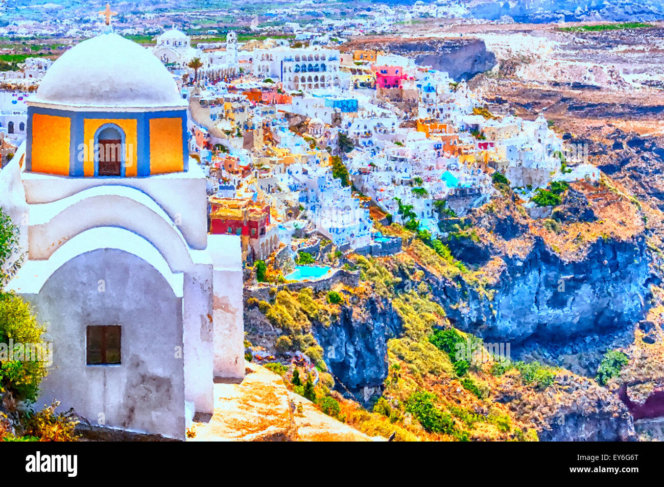 Une peinture numérique de la capitale de Santorin, ville de Fira avec landmark au premier plan. Banque D'Images