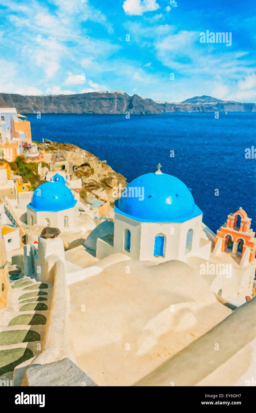 Une peinture numérique d'un couple de célèbres églises au dôme bleu de Oia sur l'île grecque de Santorin. Banque D'Images
