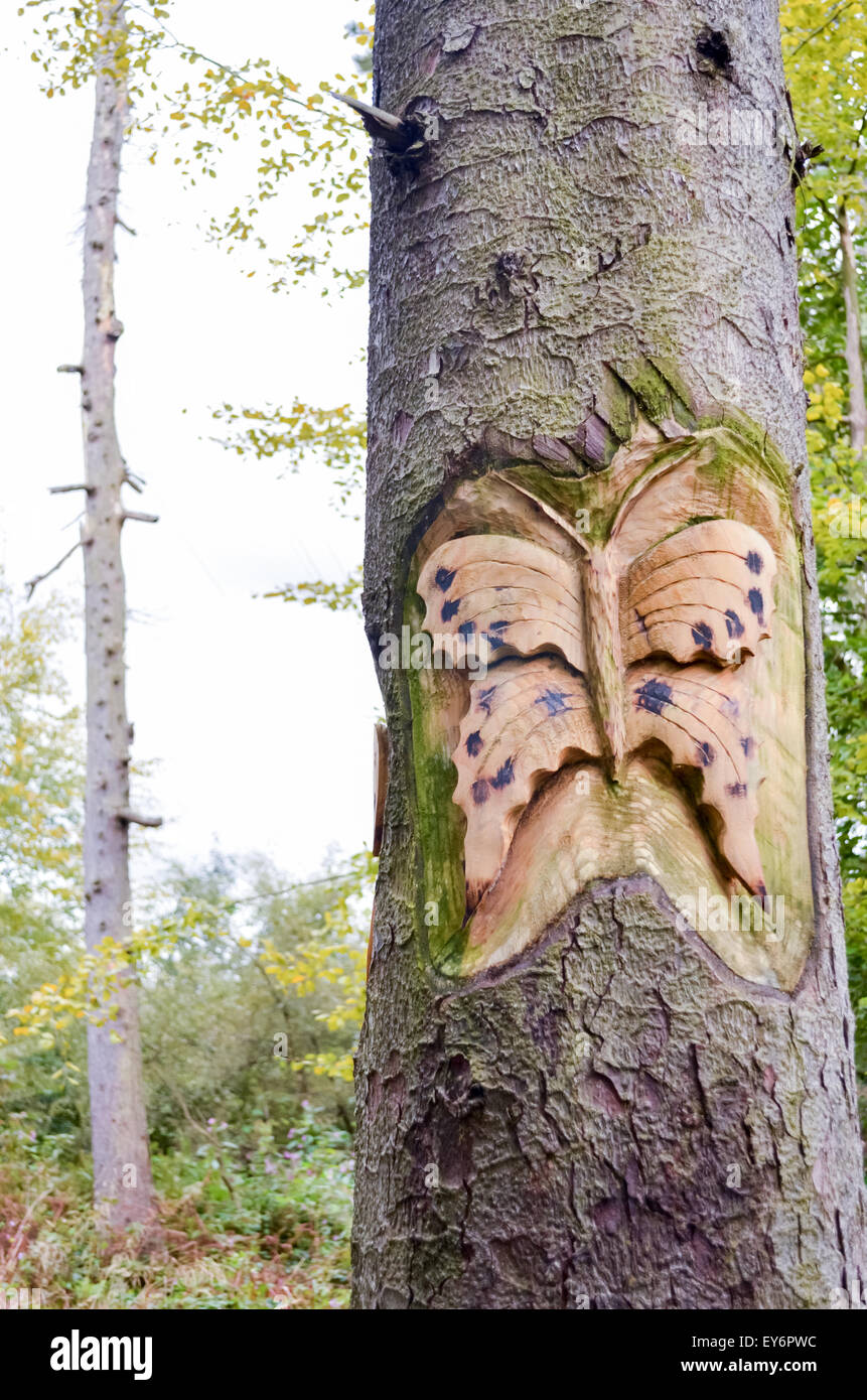 Sculpture de papillon en bois à Rowlands Gill, par Tommy Craggs Banque D'Images