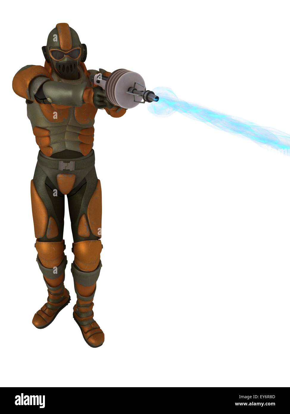 La science-fiction de style rétro soldat en armure de corps battues plasma arme de tir du faisceau Banque D'Images