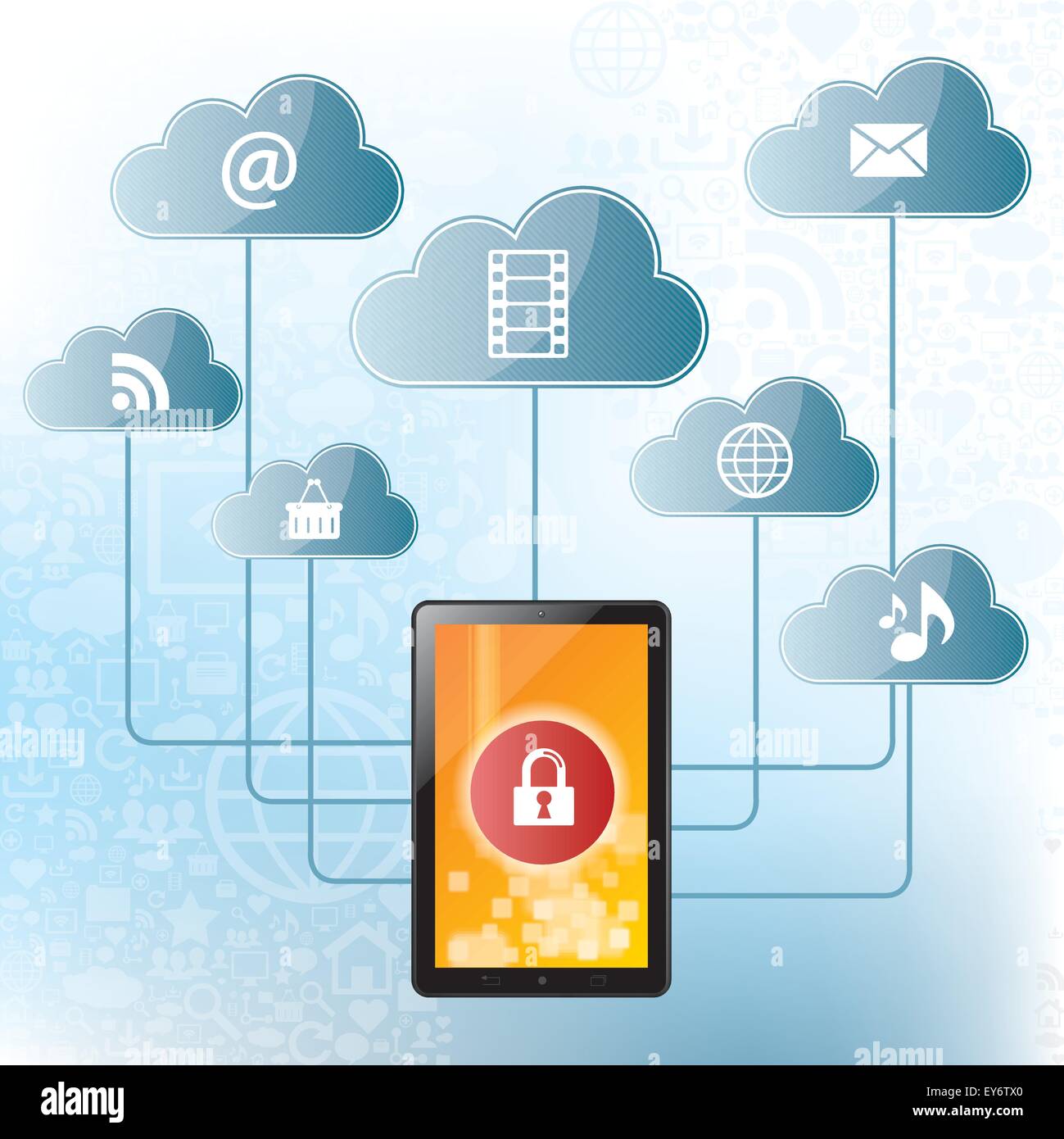Le partage de fichiers dans le cloud computing avec la sécurité et les icônes sur le contexte Illustration de Vecteur