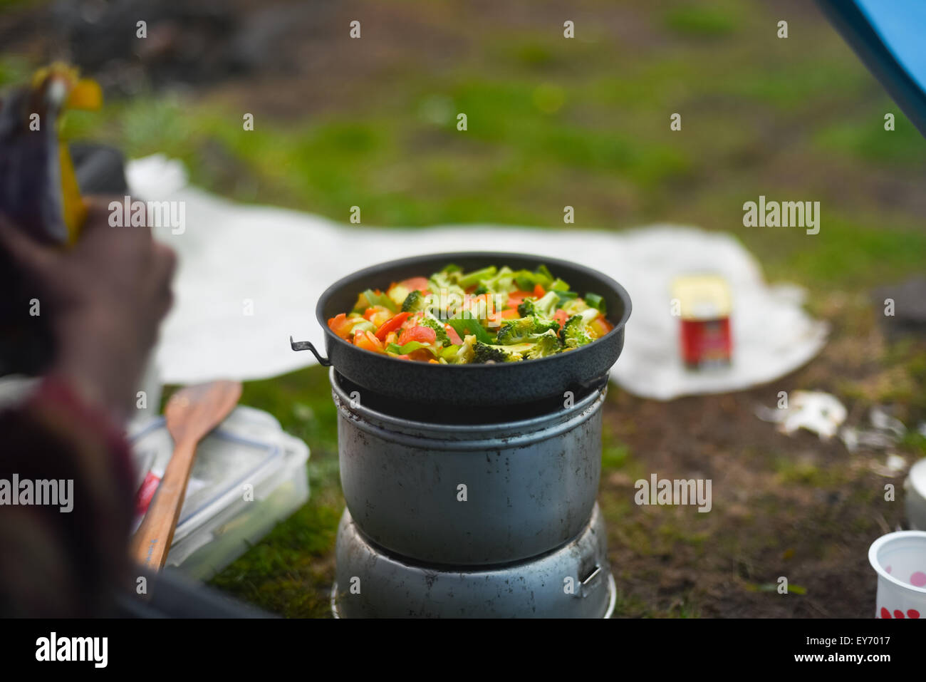 La cuisson des légumes mixtes tout en camping. Banque D'Images