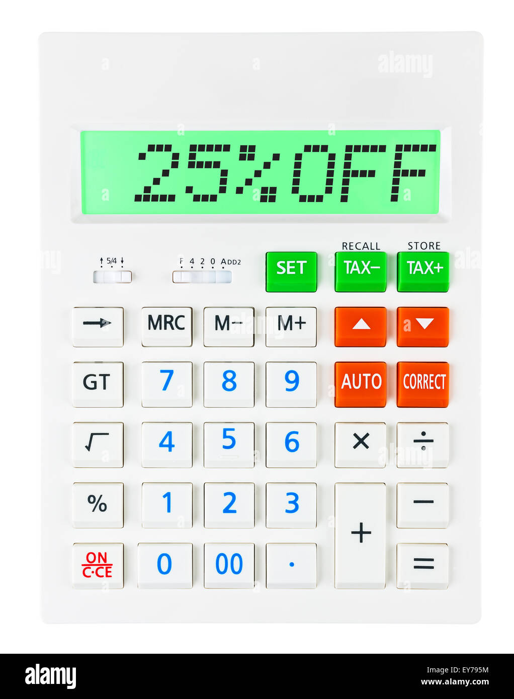 25 Calculatrice avec affichage sur OFF sur fond blanc Banque D'Images