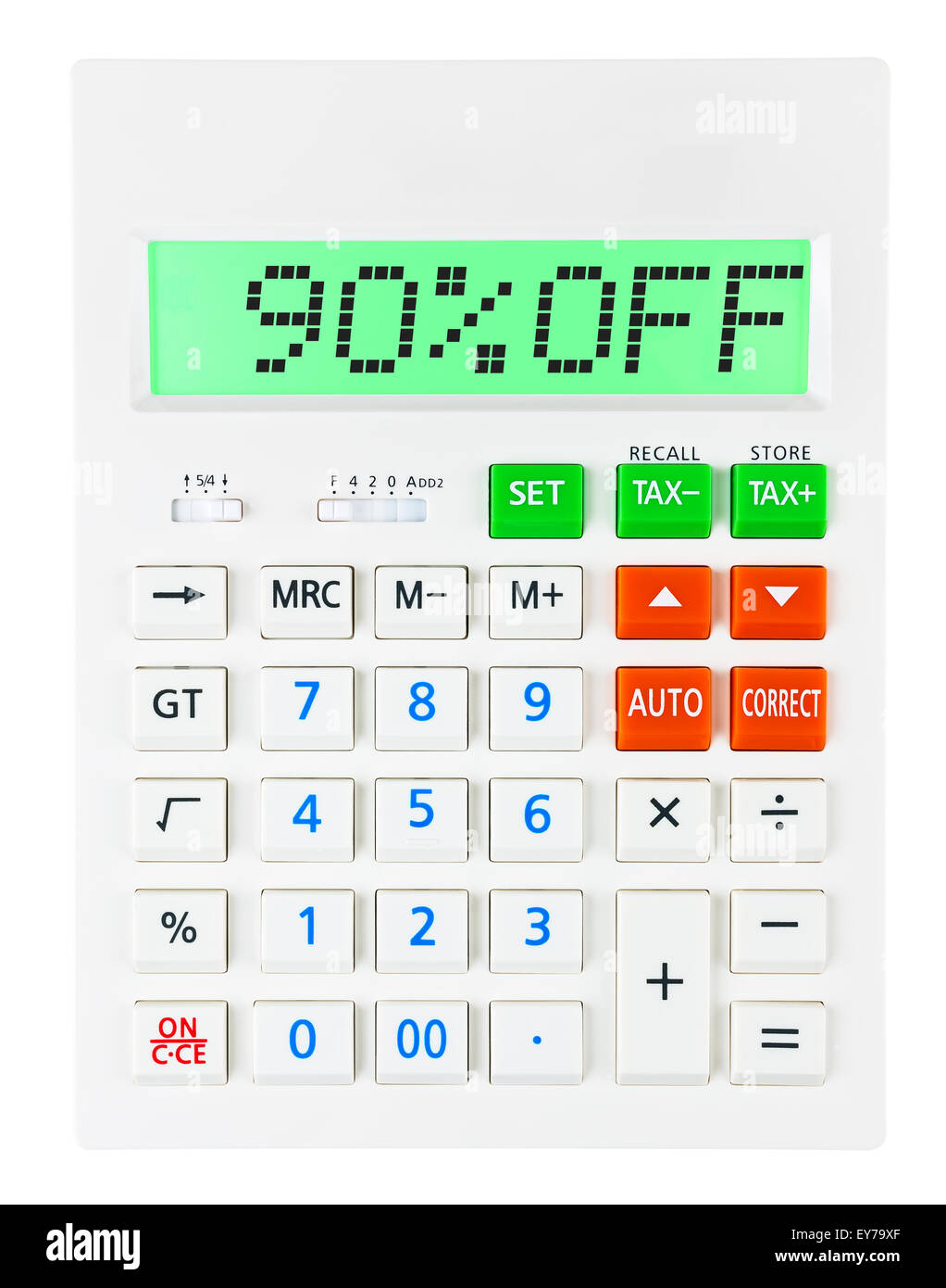 Calculatrice avec 90OFF sur l'écran sur fond blanc Banque D'Images