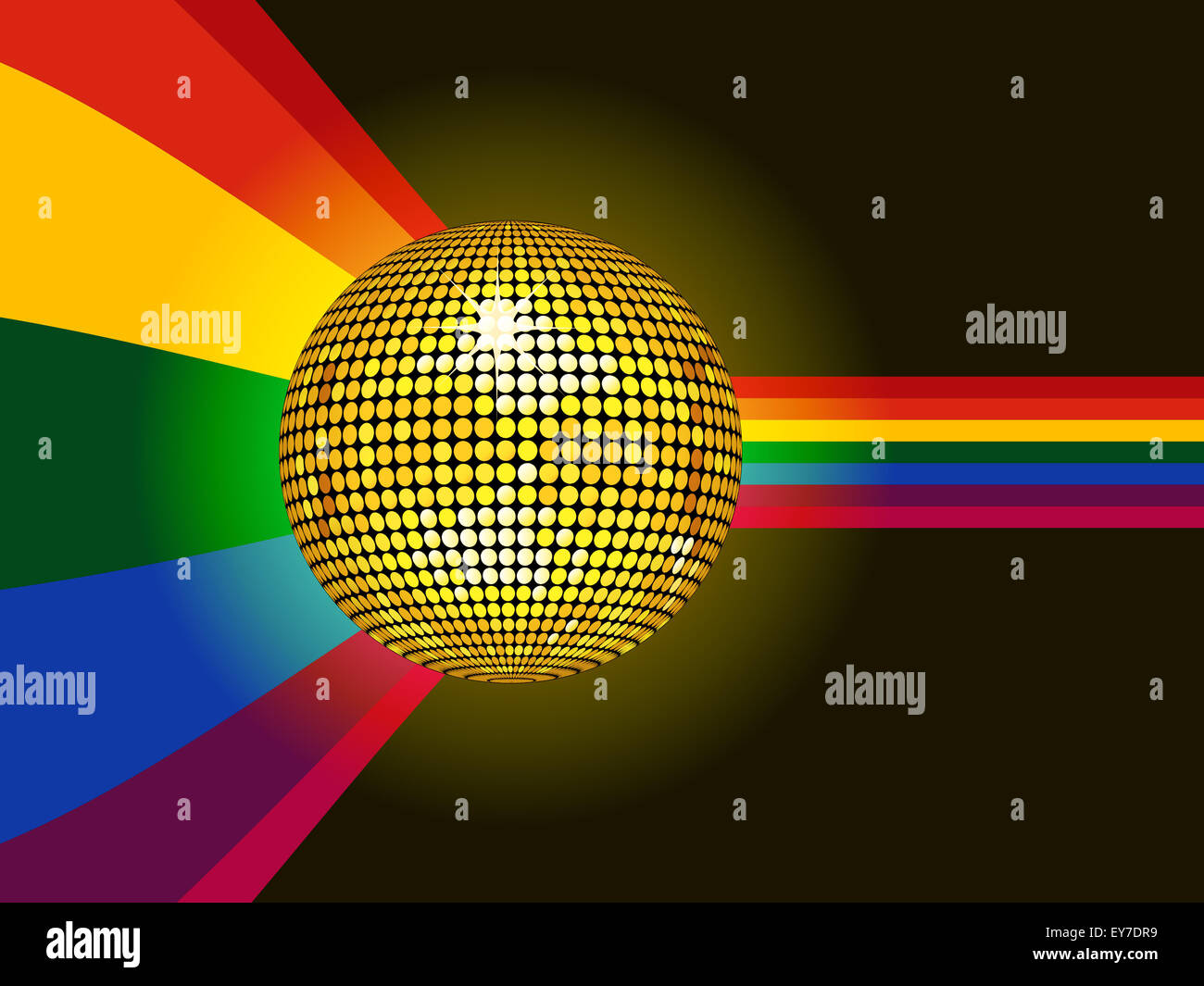 Golden Disco Ball et arc-en-ciel sur fond brillant noir Banque D'Images