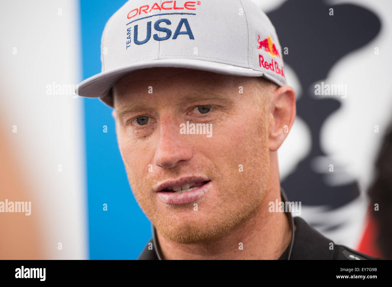 Portsmouth, Royaume-Uni. 23 juillet 2015. Jimmy Spithill, skipper d'Oracle Team USA le défenseur du trophée au cours de la conférence de presse des skippers lors de la première journée de la Coupe de l'America.Portsmouth, Royaume-Uni. 23 juillet 2015. Credit : MeonStock/Alamy Live News Banque D'Images