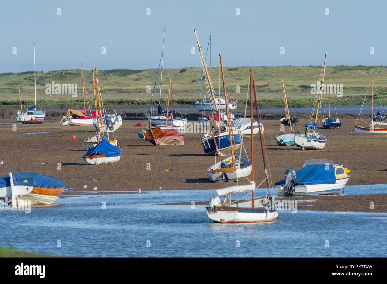 Les petits bateaux et yachts sur un banc de sable à marée basse. Banque D'Images