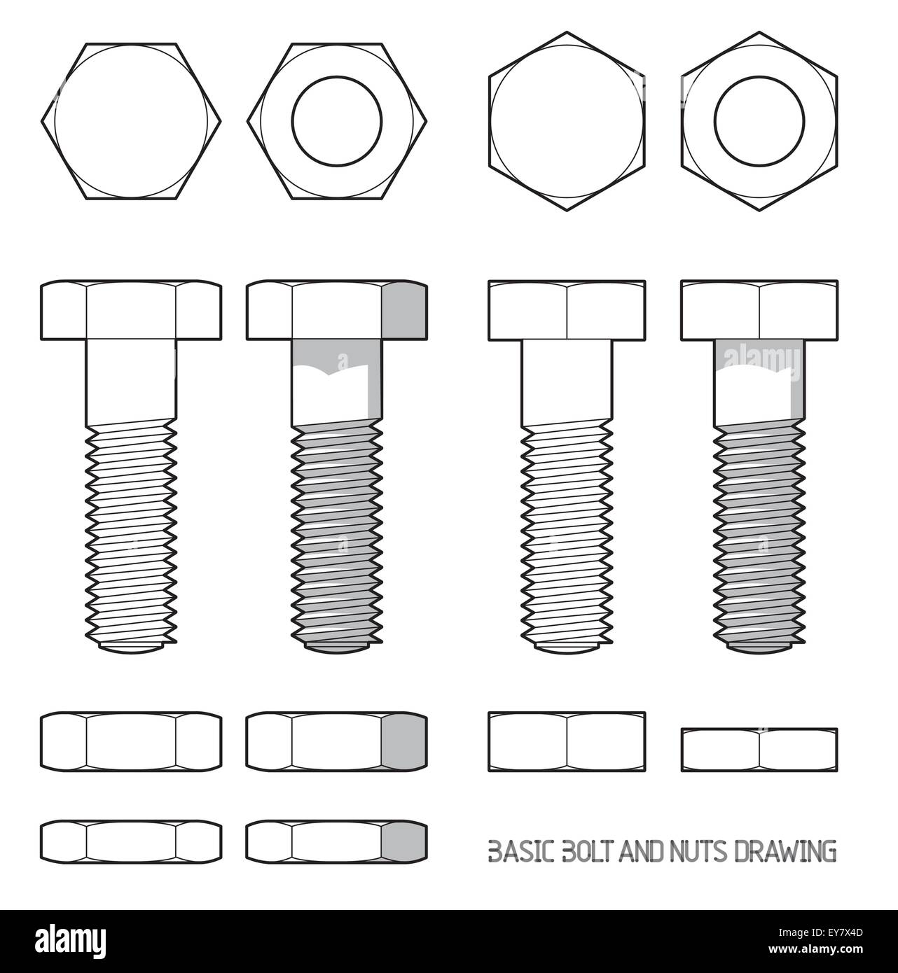 Vis et écrous hexagonaux en projection orthogonale Banque D'Images
