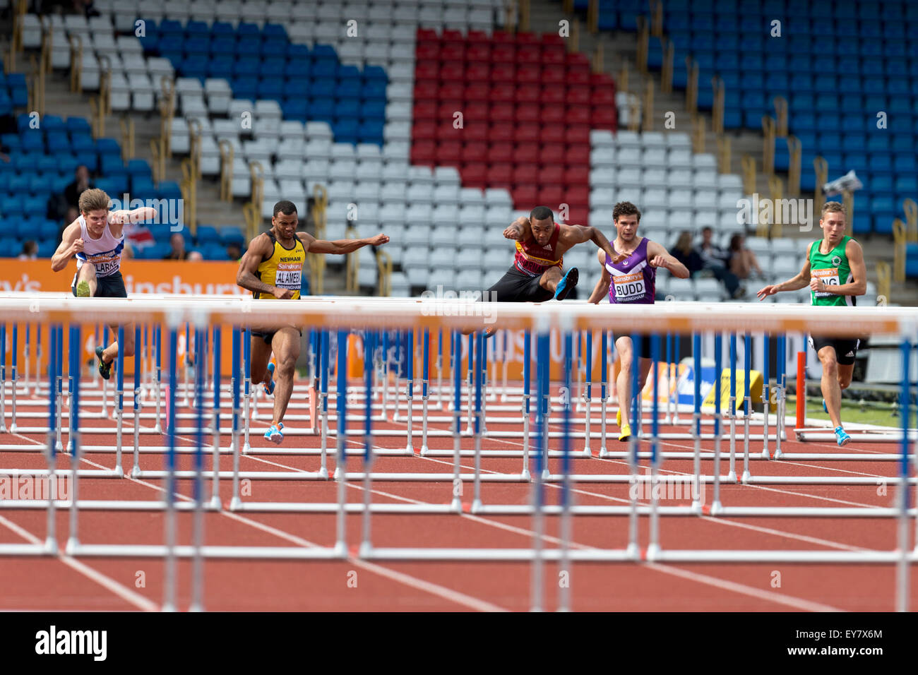 Lawrence Clarke, Alex AL AMEEN, William Sharman, Yannick BUDD & David King men's 110m haies 2014 Finale Championnats britanniques Sainsbury's Alexander Stadium Birmingham UK Banque D'Images