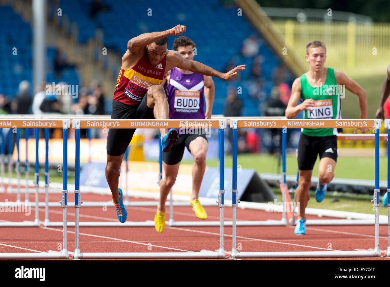 William Sharman, Yannick BUDD & David King men's 110m haies 2014 Finale Championnats britanniques Sainsbury's Alexander Stadium Birmingham UK Banque D'Images