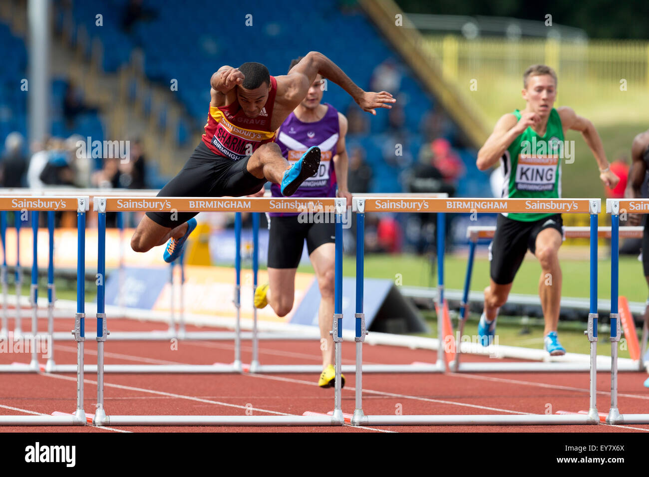 William SHARMAN & David King men's 110m haies 2014 Finale Championnats britanniques Sainsbury's Alexander Stadium Birmingham UK Banque D'Images