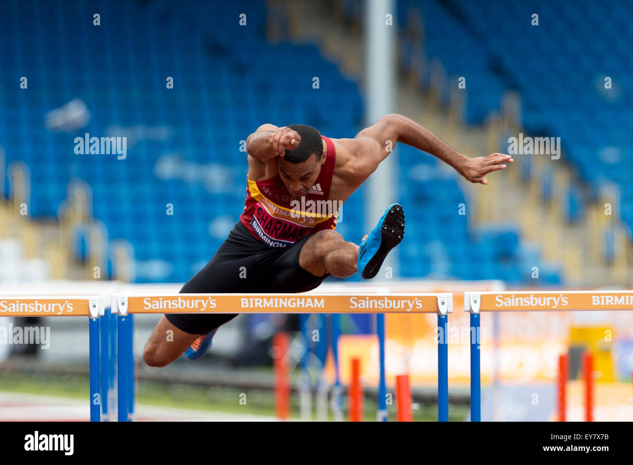William SHARMAN men's 110m haies, 2 Chaleur 2014 Championnats britanniques Sainsbury's Alexander Stadium Birmingham UK Banque D'Images