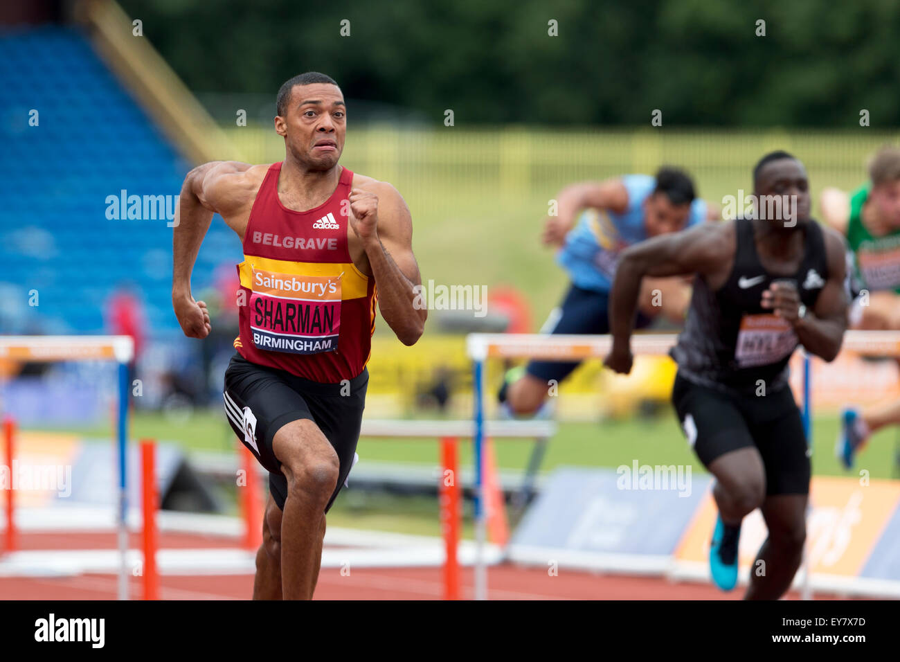William SHARMAN men's 110m haies, 2 Chaleur 2014 Championnats britanniques Sainsbury's Alexander Stadium Birmingham UK Banque D'Images