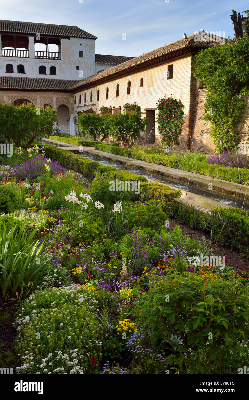 Jardin de fleurs dans la cour de l'eau Canal au Pavillon Nord Sultans Generalife Granada Banque D'Images