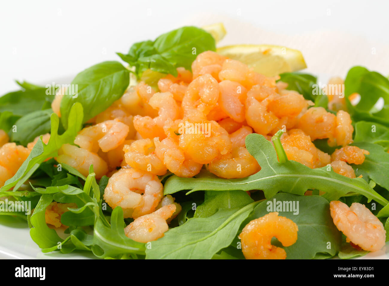 Crevettes épicées sur lit de salade Banque D'Images