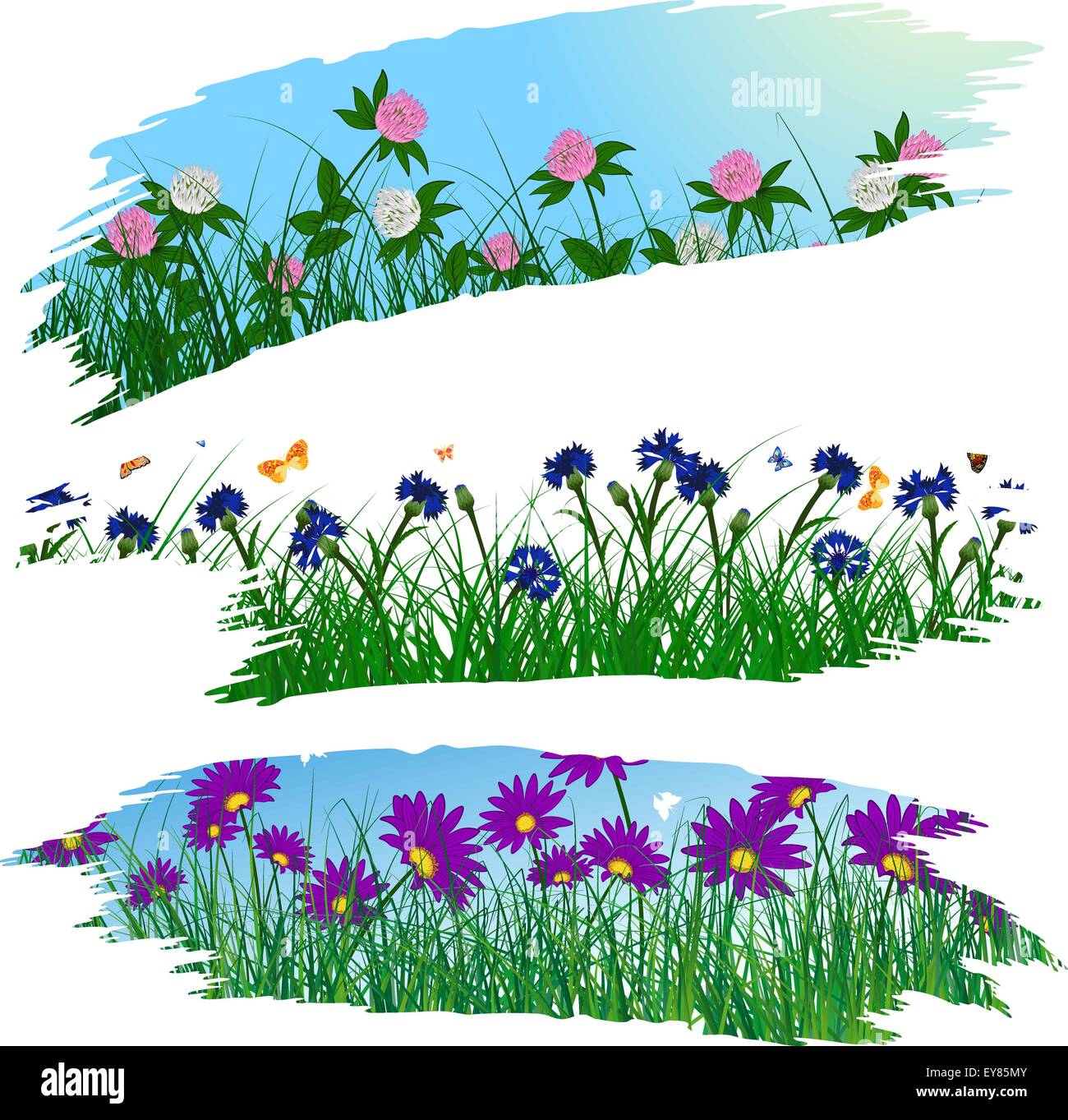 Ensemble de trois cadres de pinceau avec flower meadow background. Illustration de Vecteur