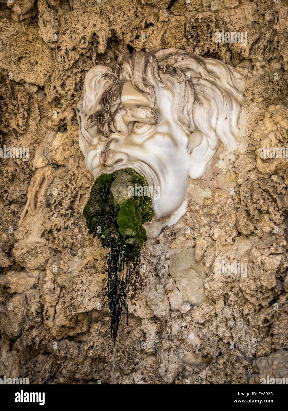 Face grotesque avec des mousses farcies dans sa bouche, dans la grotte d'Adam et Eve, dans les jardins de Boboli, Florence. Italie Banque D'Images
